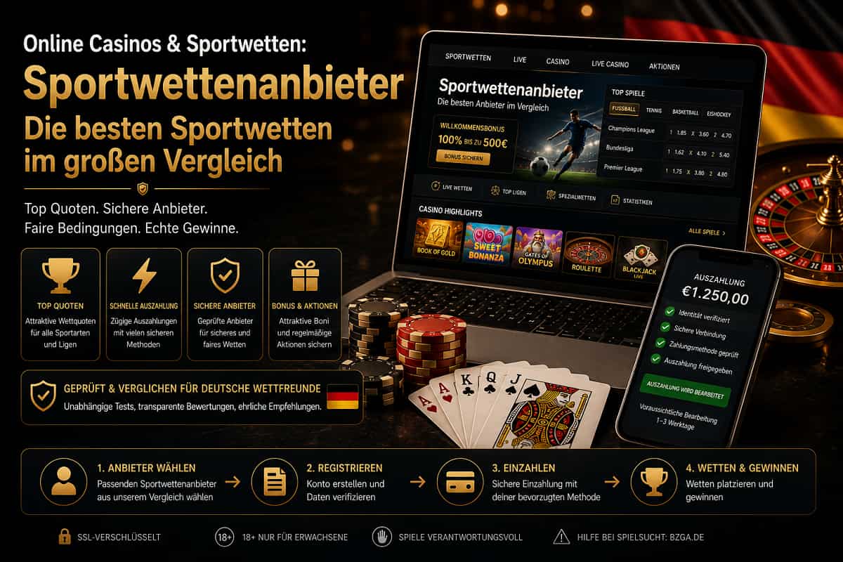 Sportwettenanbieter Vergleich mit Laptop, Wettinterface, Smartphone, Chips und Spielkarten in dunkler Premium-Casino-Szene.